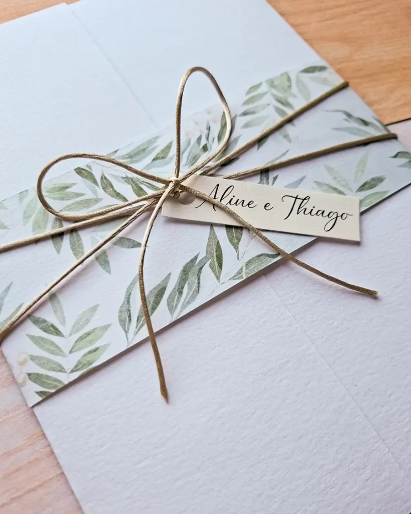 Convite Casamento Branco e Verde Folhagem