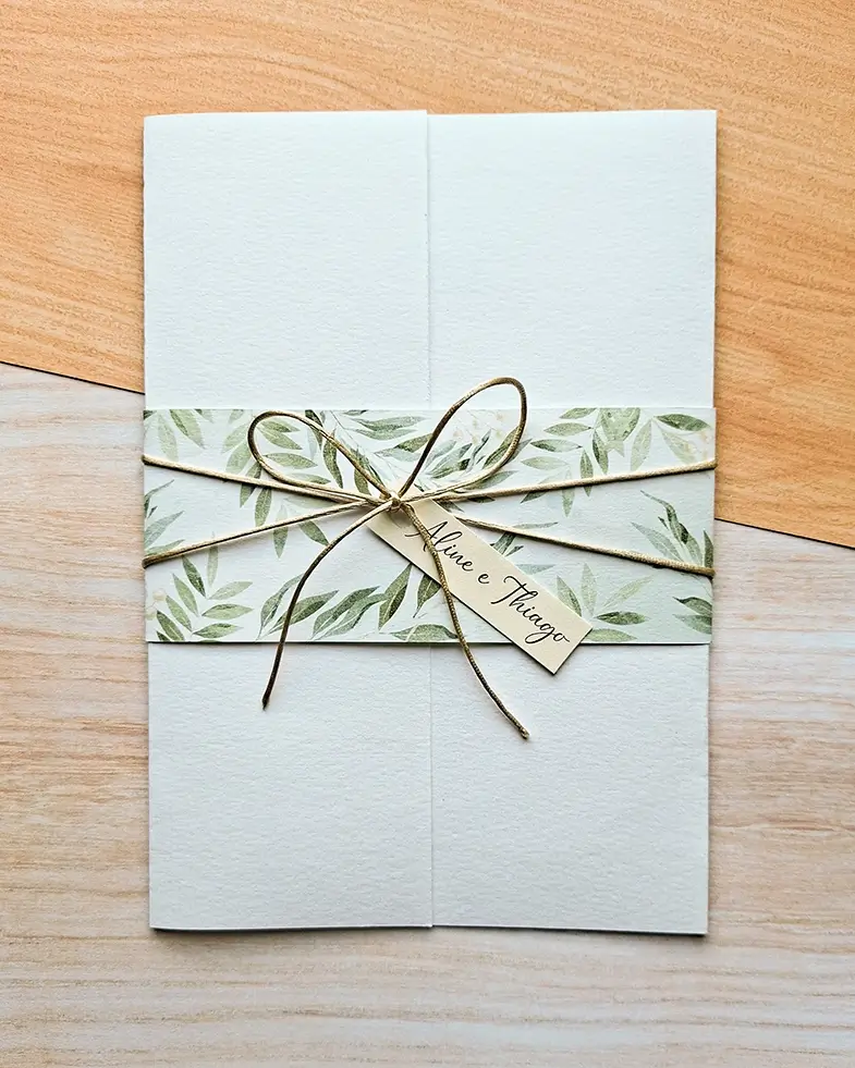 Convite Casamento Branco e Verde Folhagem