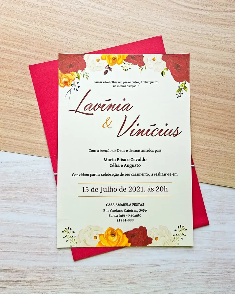 Convite Casamento Vermelho e Prata Floral