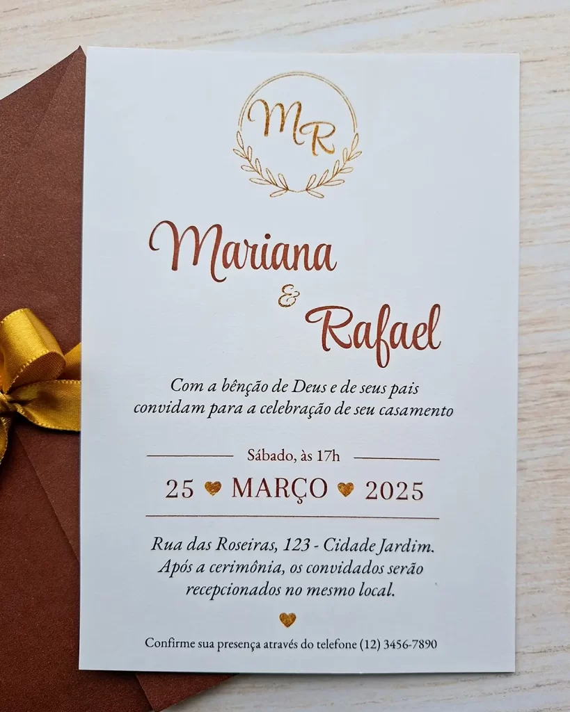 Convite de Casamento Marrom e Dourado